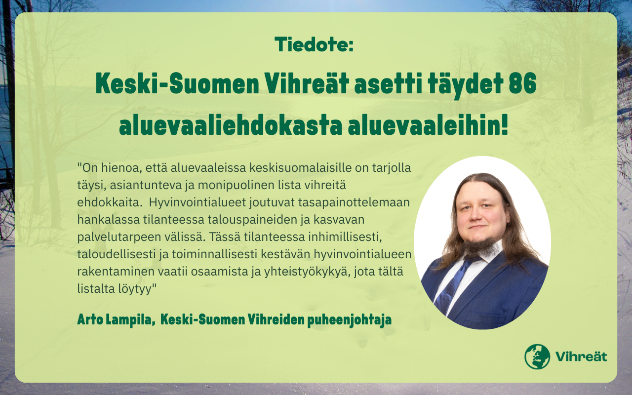 Keski-Suomen Vihreät asetti täydet 86 aluevaaliehdokasta aluevaaleihin.